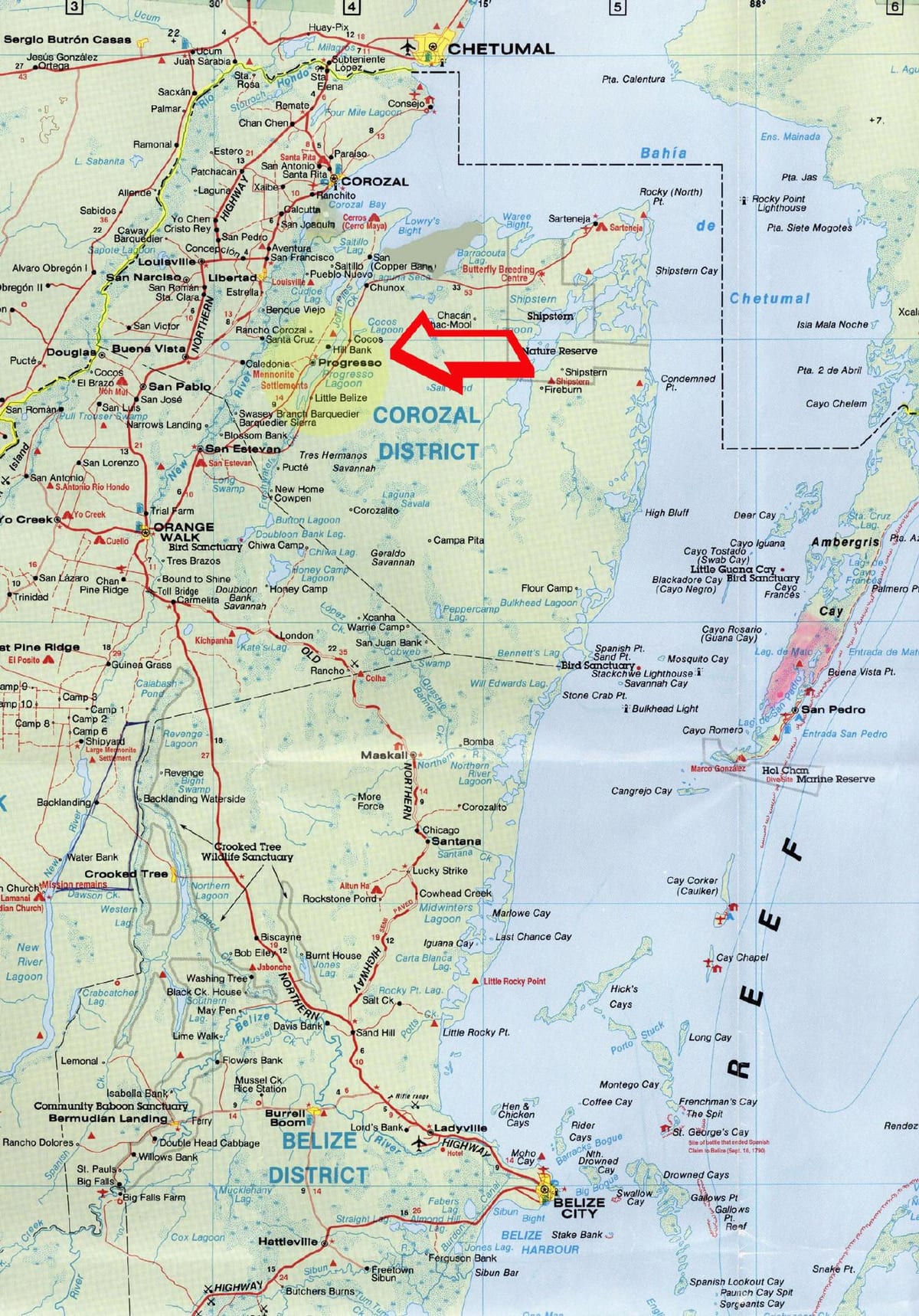 detaljerad vägkarta över Belize