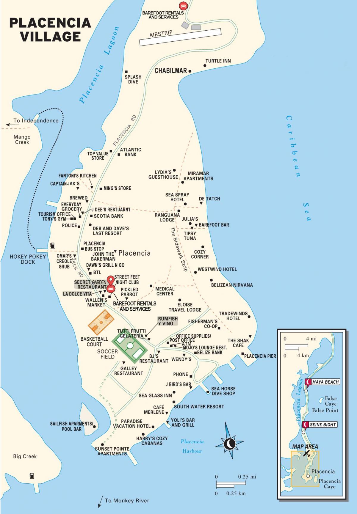karta över placencia byn Belize